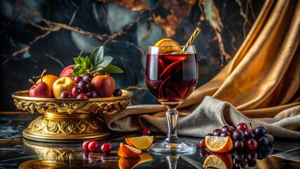 Wine glass with mixed fruit and gold bowl, elegant wine setup with luxury decor