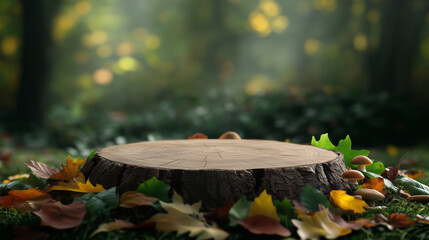 Wall Mural - Autumn fallen log wooden podium product presentation with colorful leaves and small forest mushrooms