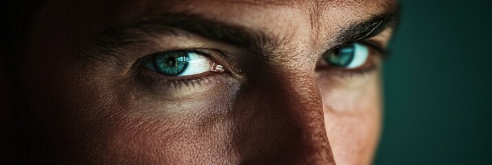 Poster - A close-up of a person's intense gaze, highlighting striking blue eyes and facial details.