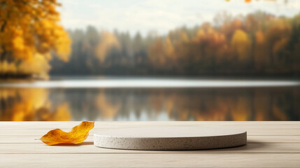 Wall Mural - Autumn podium product presentation with lake and fall leaves forest background