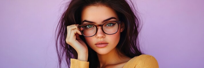 Wall Mural - A young woman with glasses poses against a pastel background, showcasing a stylish look.