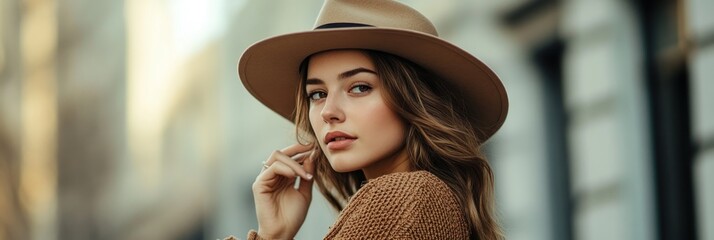 Wall Mural - A stylish young woman with a hat poses thoughtfully in an urban setting.