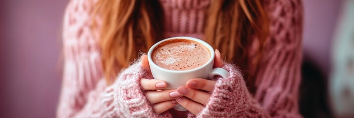 A cozy scene of a person holding a warm cup of drink in a soft sweater.