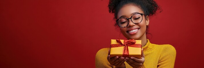 Poster - A smiling person holding a gift box against a red background, conveying joy and celebration.