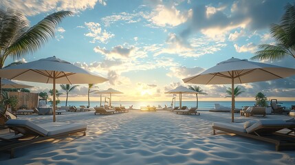Wall Mural - Beach lounge chairs and umbrellas at sunset on a tropical beach.