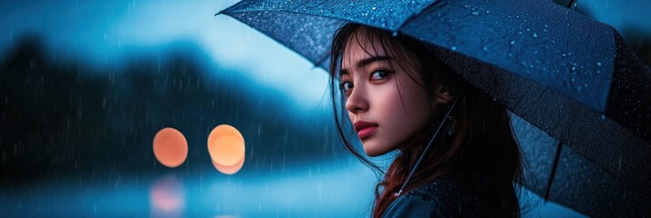 Sticker - A young woman under an umbrella in the rain, conveying a contemplative mood.