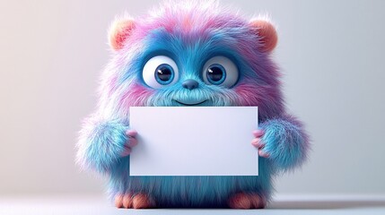 3d rendering colorful hairy yeti holds blank page mockup furry bigfoot toy with empty banner funny monster cartoon character isolate3d on white background