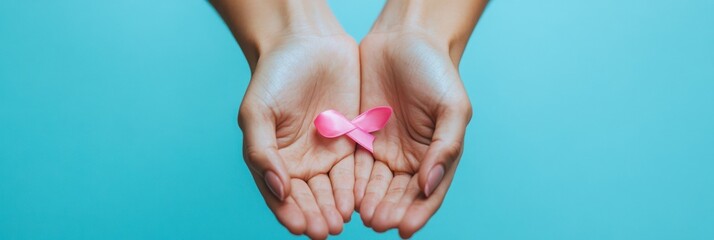 Two hands holding a pink ribbon symbolizing awareness and support for breast cancer.