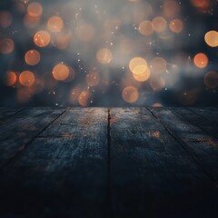 Wall Mural - A softly blurred background with warm bokeh lights and a rustic wooden surface in the foreground.