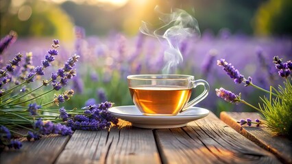 Cup of Herbal Tea in Lavender Field at Sunrise