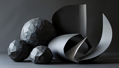 Three-Dimensional Geometric Abstract Composition with Black Paper Shapes