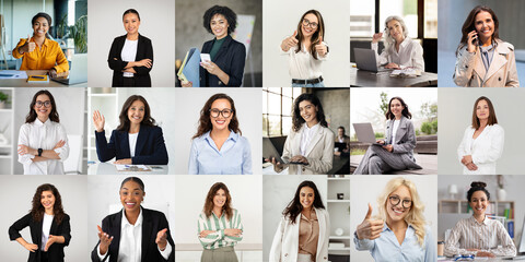 Aufkleber - A vibrant gathering of professional women showcases their roles in a contemporary office environment. Each individual expresses confidence and competence while engaging in different tasks