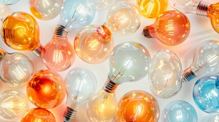 Fototapete - A bright and cheerful pattern of various light bulbs, all glowing with different intensities and colors. Close-up photo with clean background