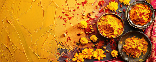 Festive Indian offerings and orange spices in bowls on yellow textured surface decorated yellow flowers, banner with copy space, flat lay, top view. Concept of Indian cuisine, festival celebration