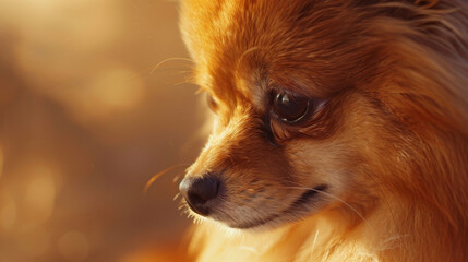 Pomeranian dog . Close-up photo portrait on a beige background