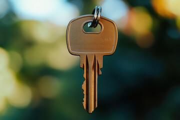 A close-up of a golden key on a keyring, symbolizing security, access, and freedom amidst a blurred nature background.