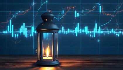 Creative blue wallpaper featuring a glowing stock chart and elegant candleholder design