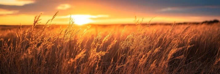 Poster - A serene sunset over golden grasslands, showcasing nature's beauty.