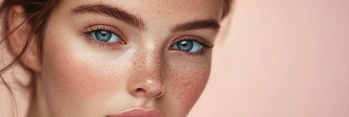 Wall Mural - Close-up portrait of a person with striking blue eyes and freckles against a soft background.