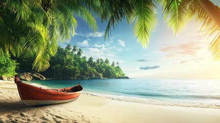 Wall Mural - Tranquil tropical beach with a wooden boat and palm trees.
