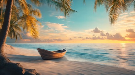 Wall Mural - A wooden boat on a tropical beach at sunset.