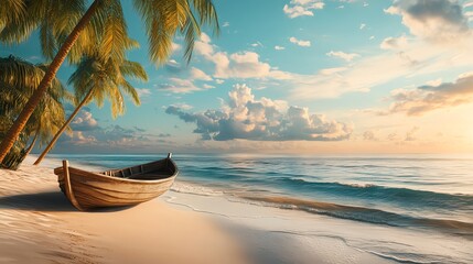 Wall Mural - A wooden boat on a sandy beach with palm trees and a beautiful blue ocean.
