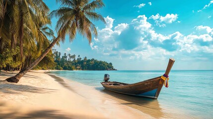 Wall Mural - A long tail boat is on a pristine beach with palm trees and turquoise water.