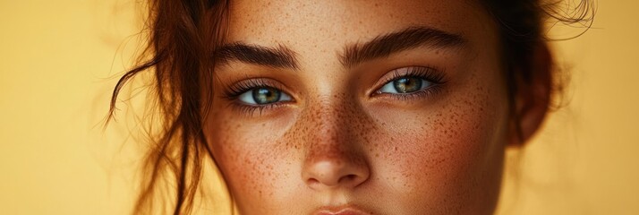 Wall Mural - A close-up portrait of a person with striking eyes and freckles against a warm background.