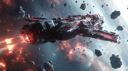 Wall Mural - A futuristic spaceship bursts through an asteroid field, flames roaring from its engines.