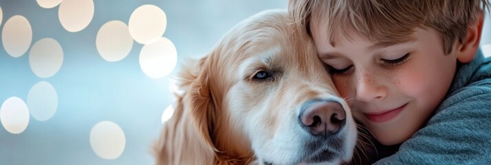 Sticker - A boy joyfully embraces his golden retriever, showcasing a heartwarming bond.