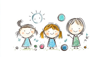 A cheerful, childlike drawing of three girls smiling, with simple sketches of the sun and colorful balls, evoking joy and innocence.