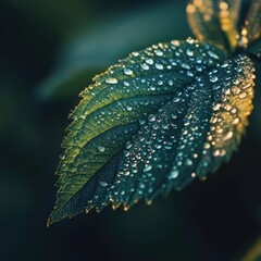 Wall Mural - A close-up of a leaf covered in water droplets, highlighting nature's beauty and detail.