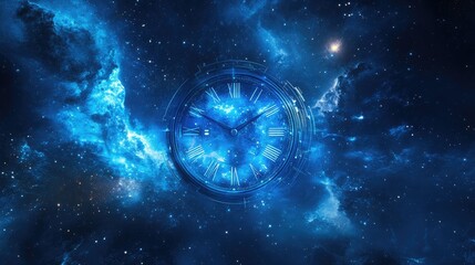 Poster - A futuristic computer time clock floating in the vastness of space, surrounded by stars and cosmic elements, representing advanced technology and the universe