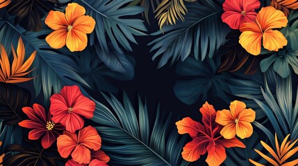 Wall Mural - Tropical floral pattern with orange and red flowers and green leaves.