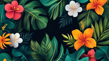 Wall Mural - Bright tropical flowers and leaves on a black background.