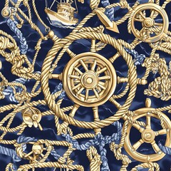 Wall Mural - Seamless nautical pattern with gold rope and steering wheel on blue background