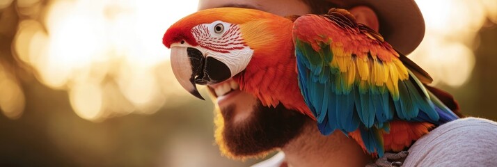 Canvas Print - A person smiling with a colorful parrot perched on their shoulder during sunset.