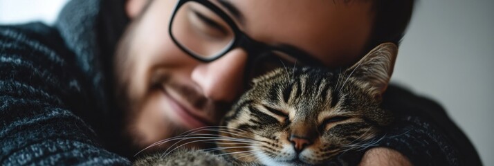 Wall Mural - A person happily embraces a cat, showcasing a warm bond between them.