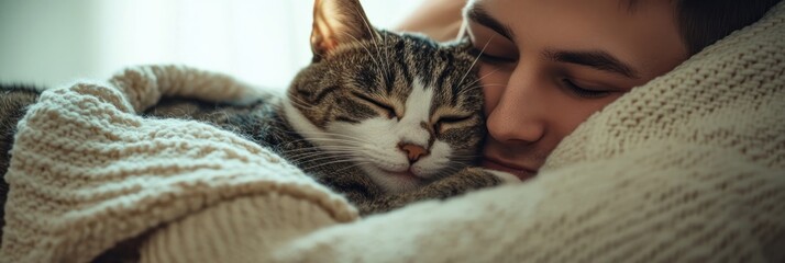 A person peacefully sleeping with a cat, wrapped in a cozy blanket.