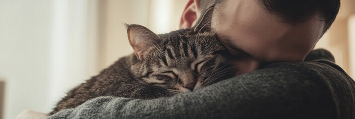 Wall Mural - A person embraces a sleeping cat, showcasing a moment of affection and tranquility.