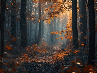 Poster - A serene forest scene capturing autumn foliage and gentle light filtering through trees.