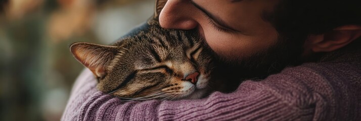 Wall Mural - A person cuddles a cat, showcasing a moment of affection and bonding.