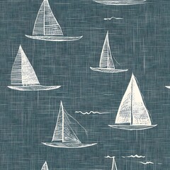 Wall Mural - Seamless pattern with white sailboat silhouette on blue linen background