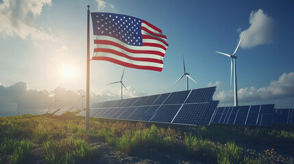 American flag waving over a solar farm at dusk, representing the shift towards renewable energy