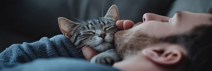 Wall Mural - A person gently cuddles a cat, showcasing a moment of affection and tranquility.