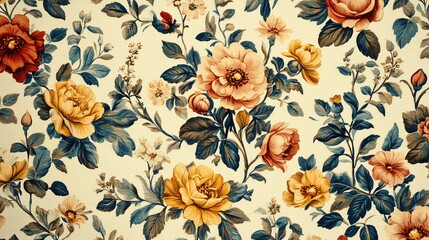 Wall Mural - Vintage floral pattern with large roses and leaves.