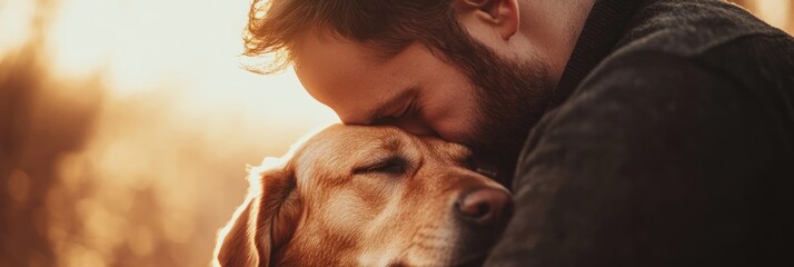 Canvas Print - A man embraces a dog, showcasing a tender moment in a warm, golden setting.