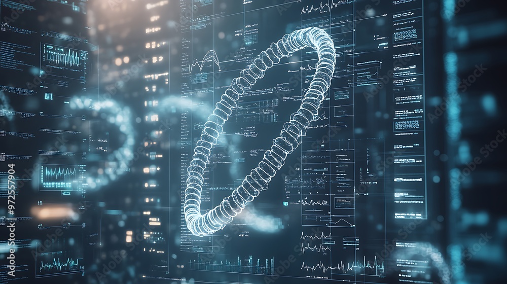 DNA strand rotating in front of a transparent medical screen with sharp ...