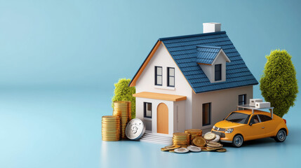 Wall Mural - A house model placed beside a stack of coins and a toy car, representing real estate investment, wealth, and financial success.