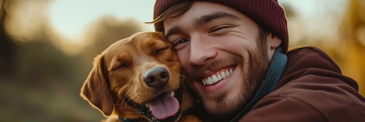 Sticker - A joyful moment between a man and his dog, both smiling and enjoying each other's company.